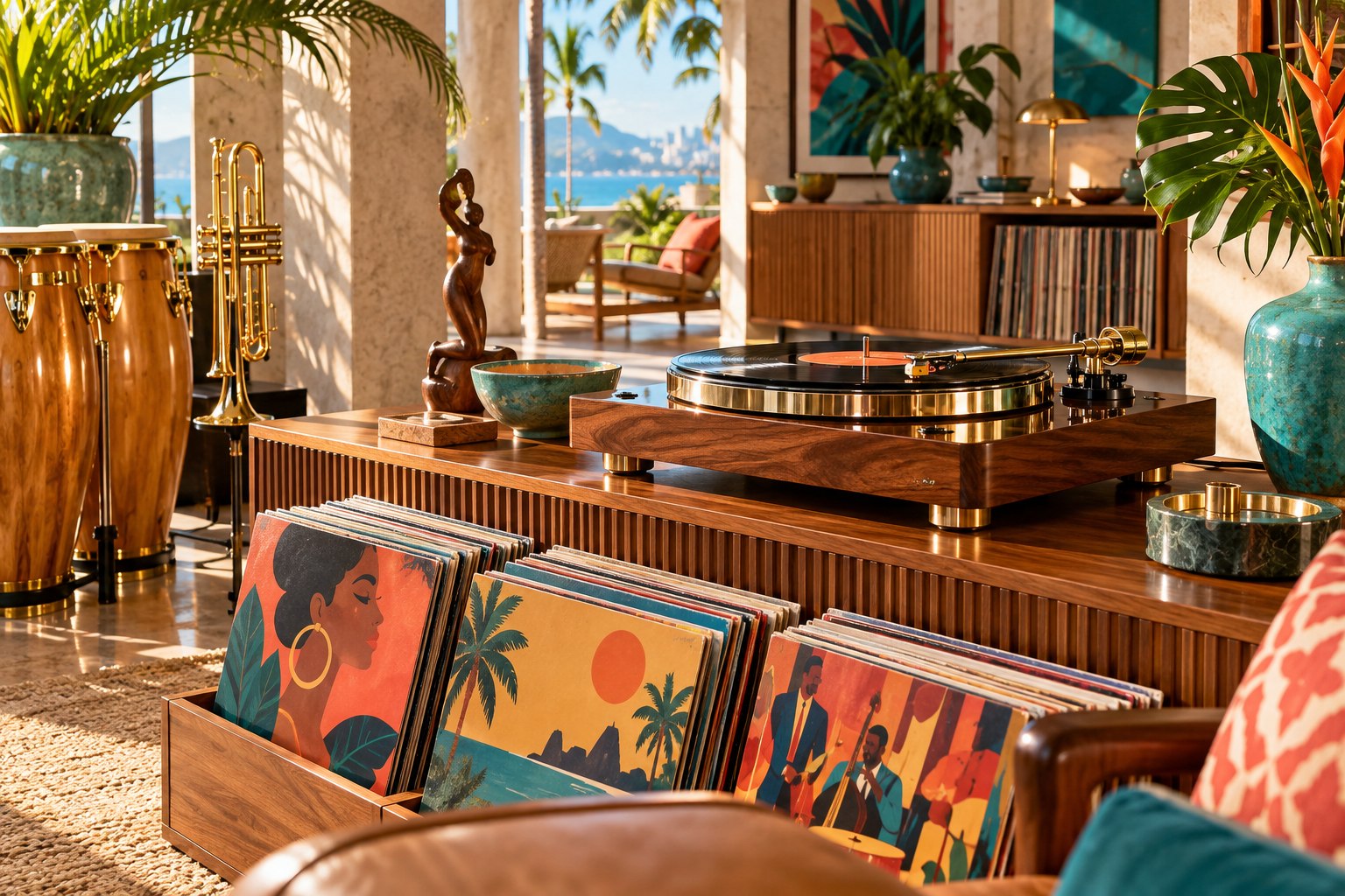Tornamesa y colección de discos en una sala iluminada