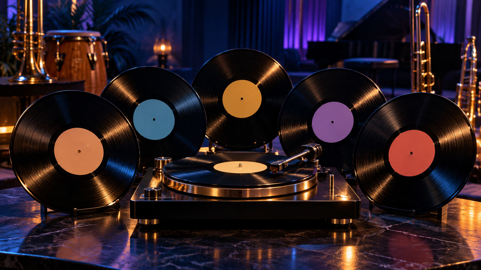 Cinco discos de vinilo frente a una tornamesa y metales de salsa