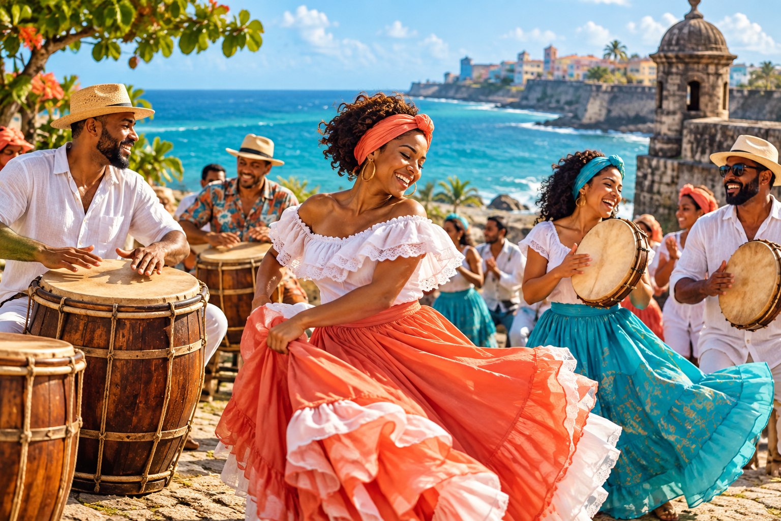 Músicos y bailarinas de bomba y plena frente al Caribe