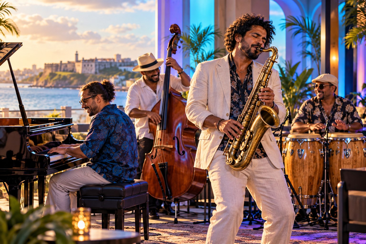 Cuarteto de jazz latino con saxofón, piano, contrabajo y congas