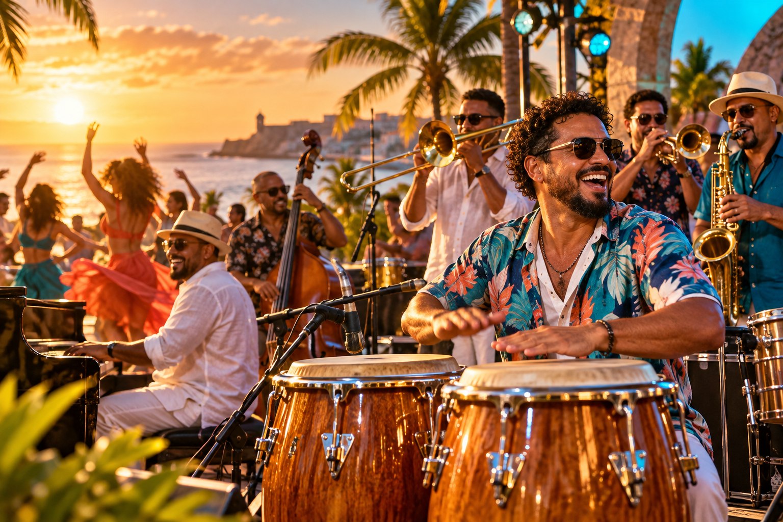 Orquesta de salsa tocando al aire libre junto al mar
