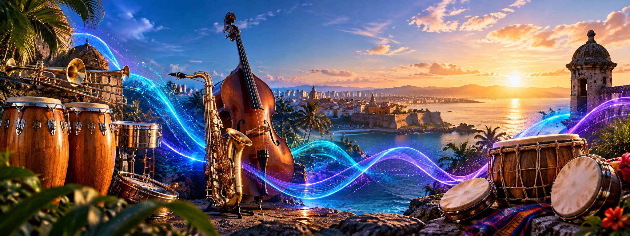 Instrumentos de salsa, jazz latino y música caribeña unidos por ondas de luz